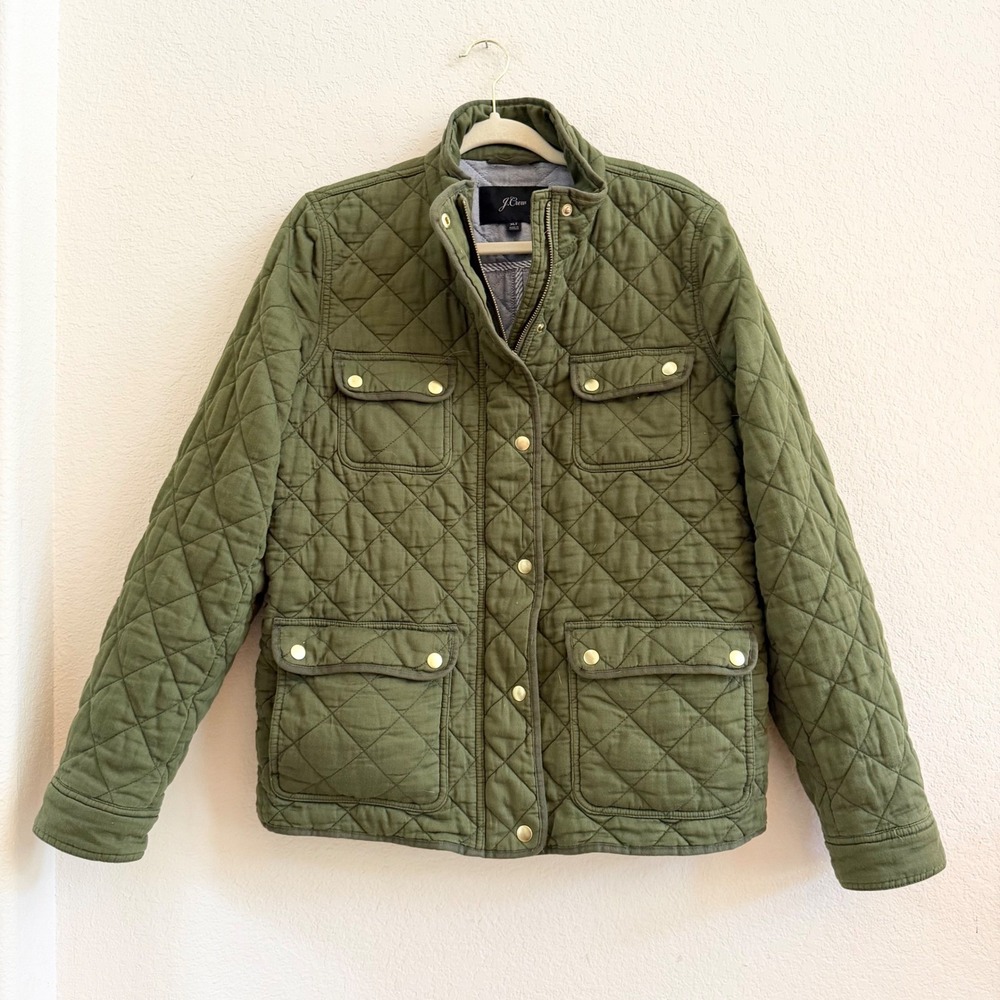 J.Crew Womens Olive Green Quilted Field Barn Jacket XLT Cotton Gold Snaps - Picture 2 of 15